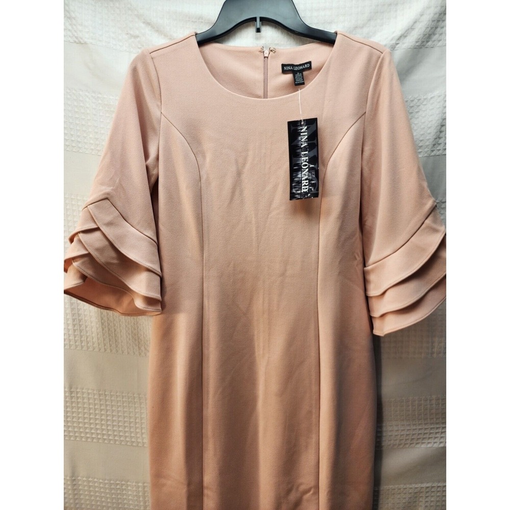Nina Leonard Pink A-Line Midi Dress Tiered Ruffle Puff Sleeve Size S NEW